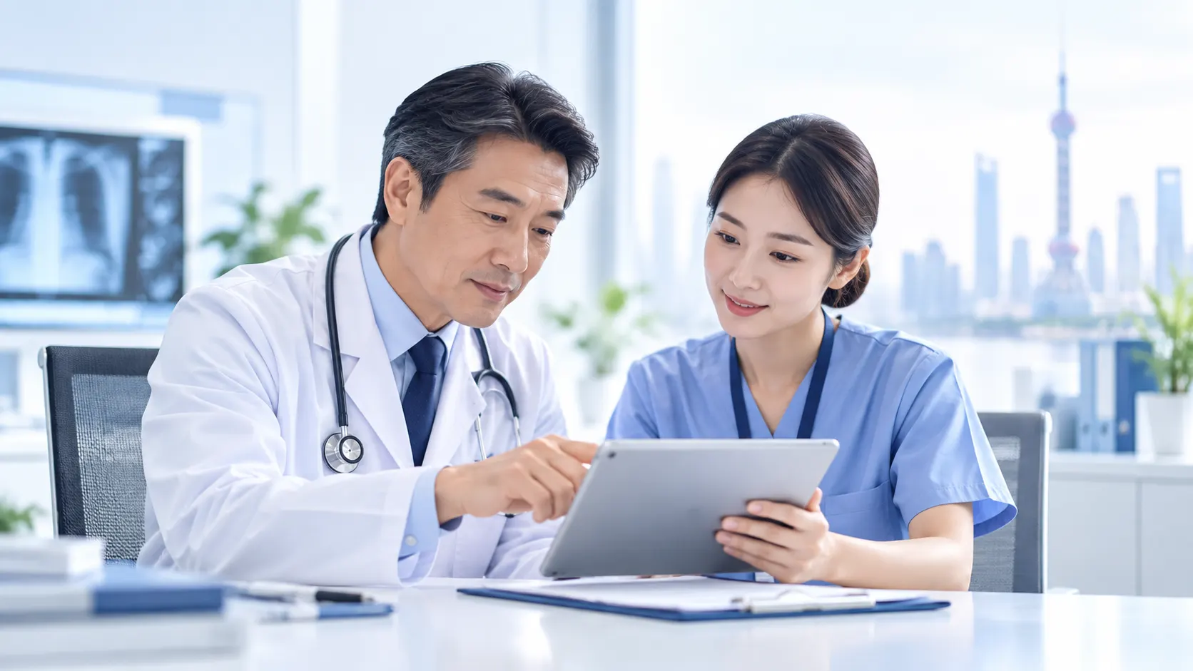 Doctor and healthcare coordinator reviewing a case together