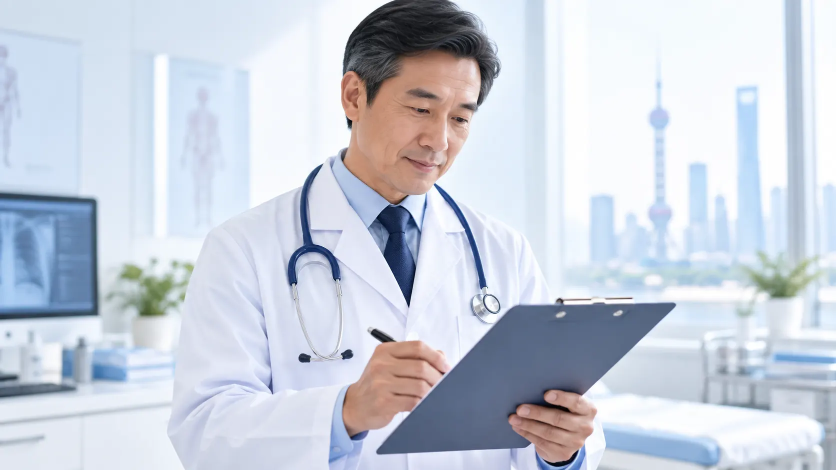 Physician reviewing a treatment plan on a clipboard