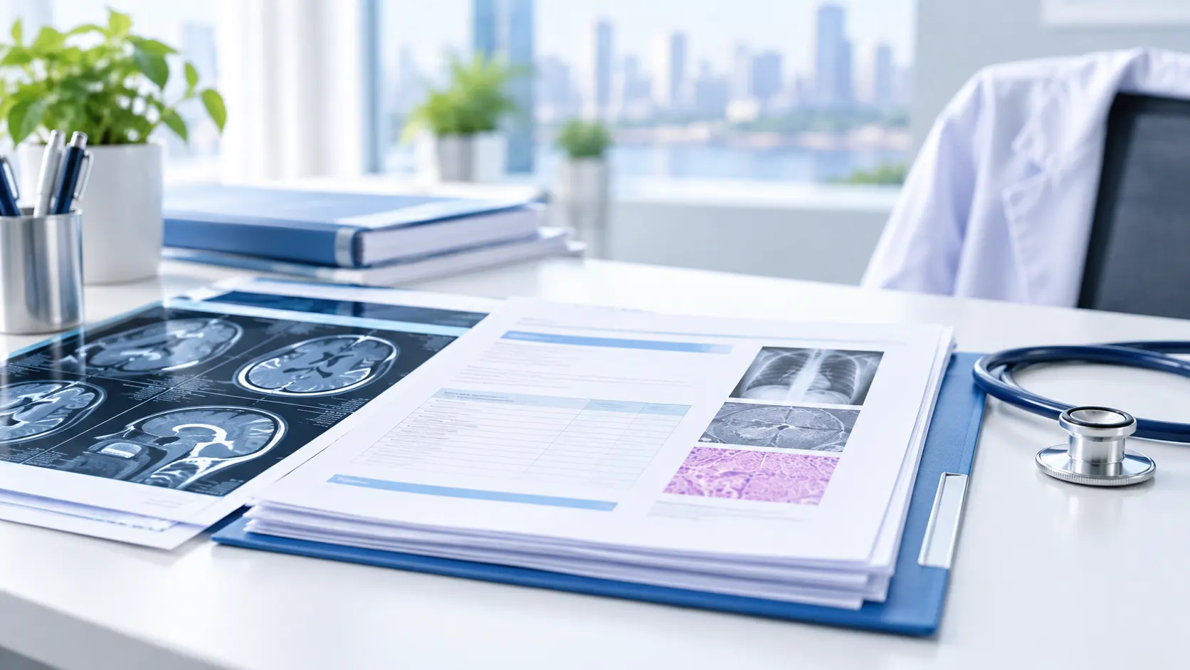 Medical records and imaging scans arranged on a desk