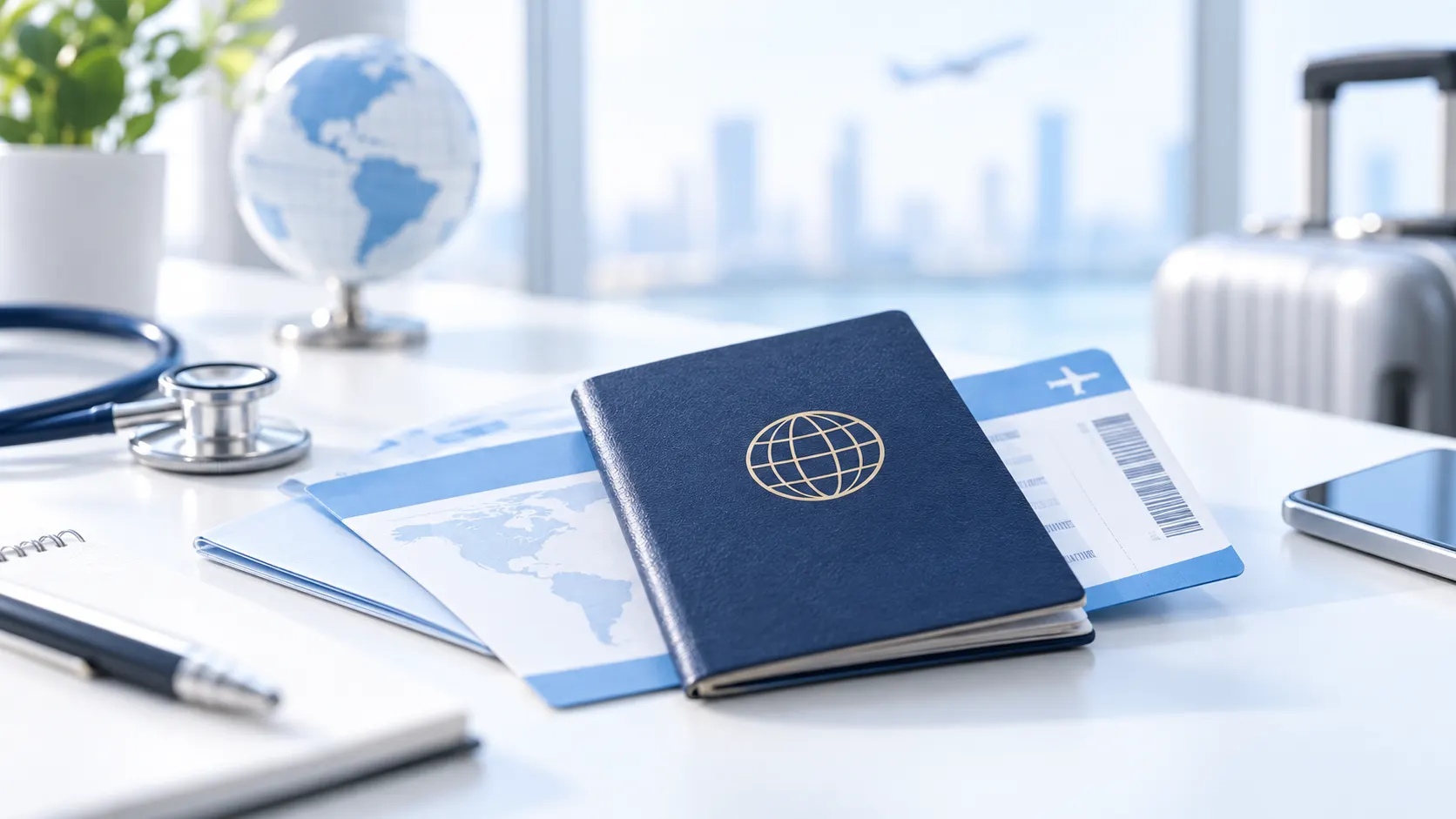 Traveler preparing documents for a medical journey