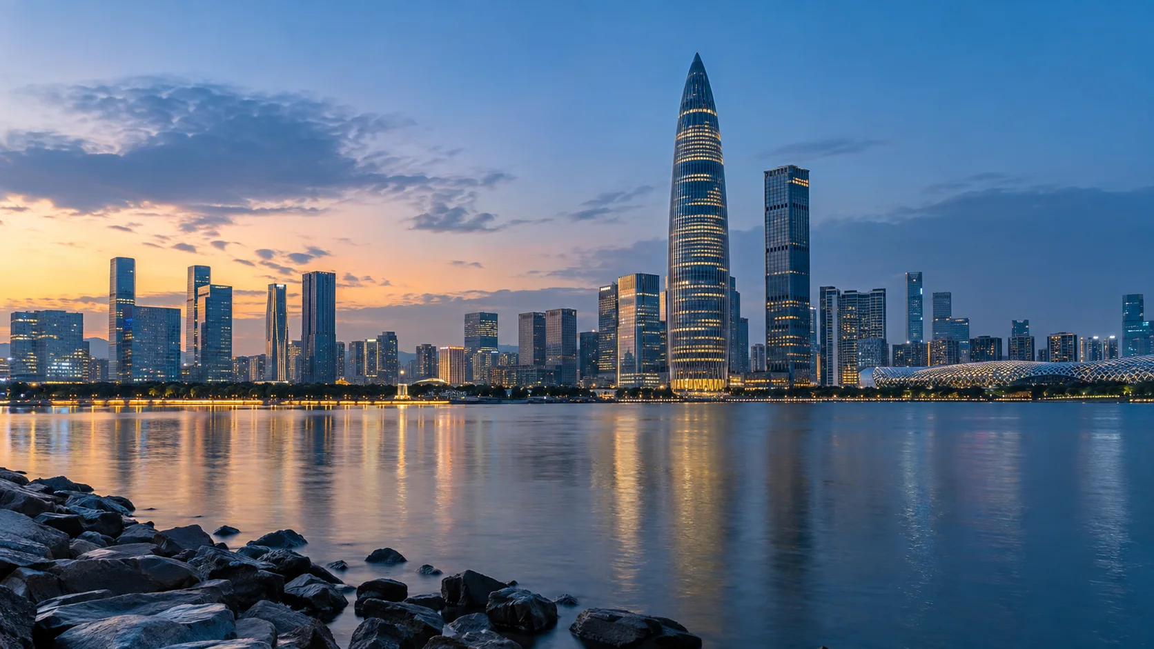 Shenzhen skyline across the waterfront at blue hour